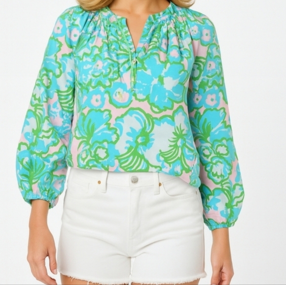 Lilly Pulitzer Tops - Lilly Pulitzer Silk Green Floral Pink Top Medium